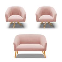 Kit 1 Namoradeira E 2 Poltronas Giratória Rosê Base Madeira - 1