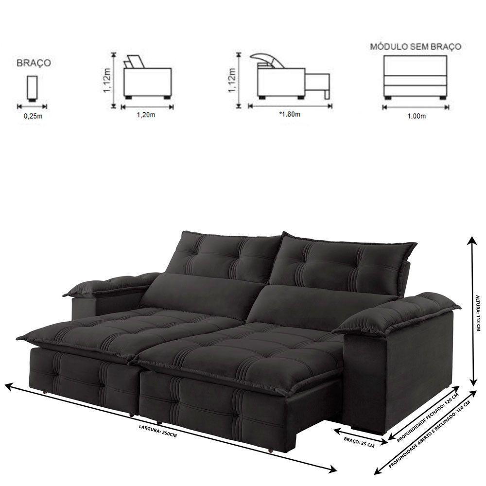 Sofá Retrátil E Reclinável 2,50m 4 Lugares Cinza - 7