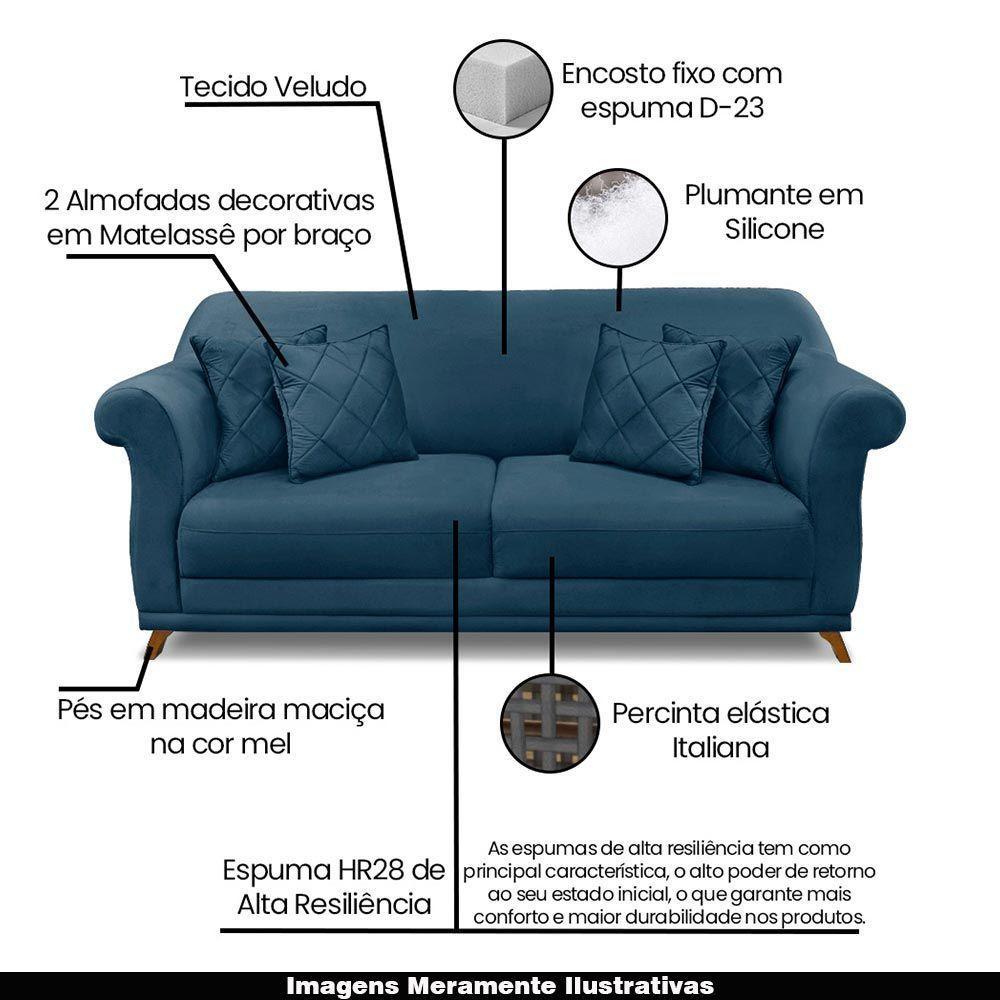 Sofá 200cm 3 Lugares Com 4 Almofadas Veludo Azul Marinho - 7