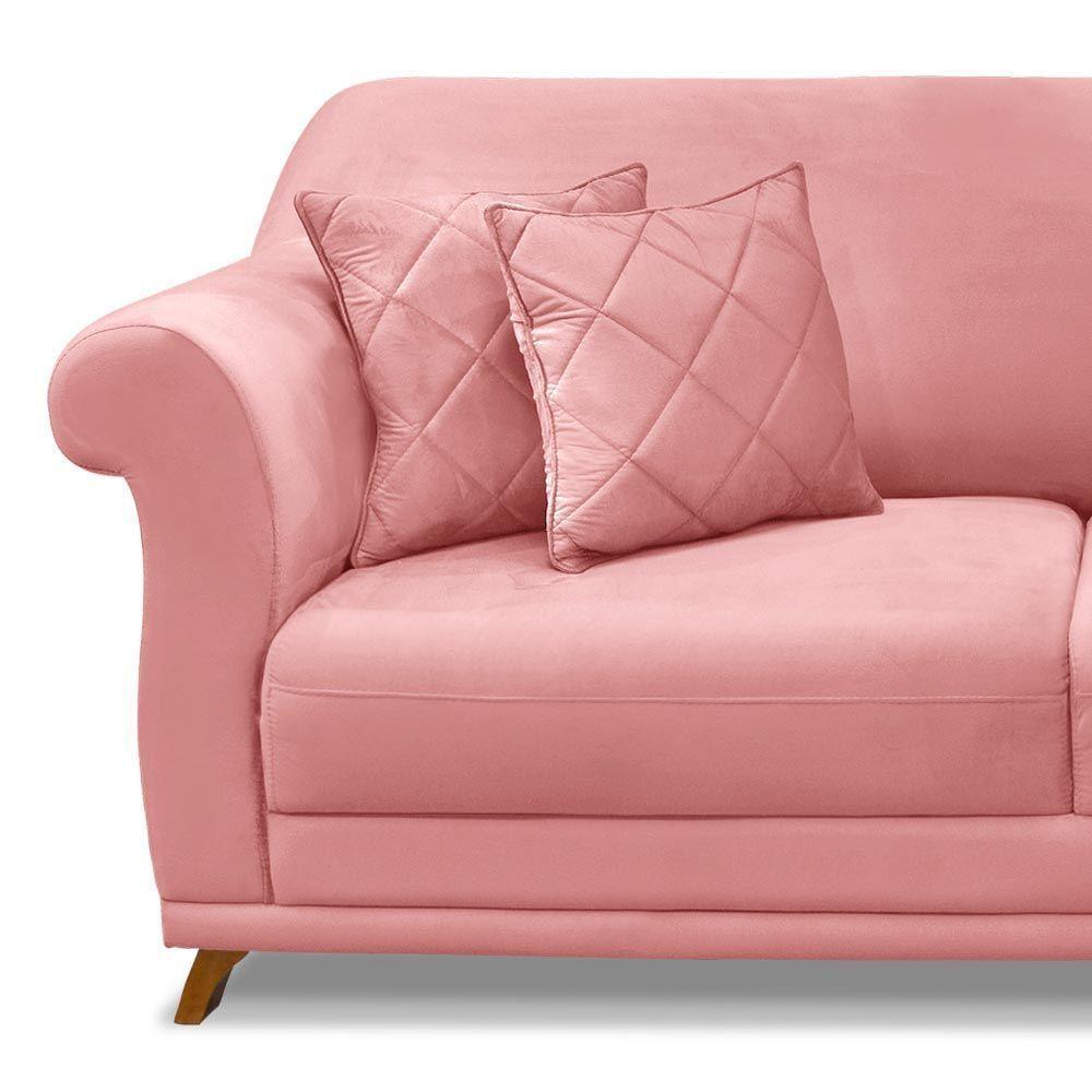 Sofá 200cm 3 Lugares Com 4 Almofadas Veludo Rosa - 3