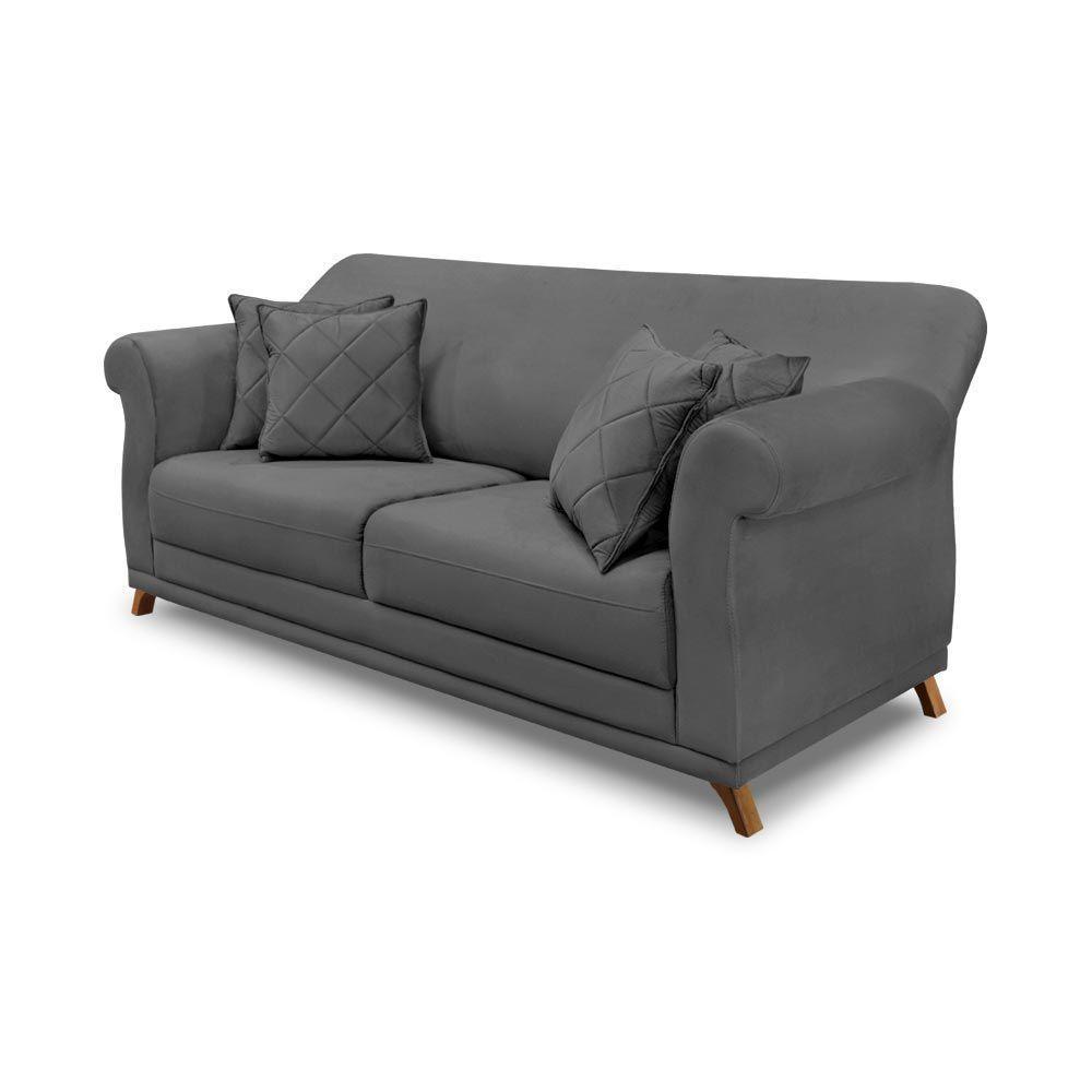 Sofá 200cm 3 Lugares Com 4 Almofadas Suede Cinza - 1