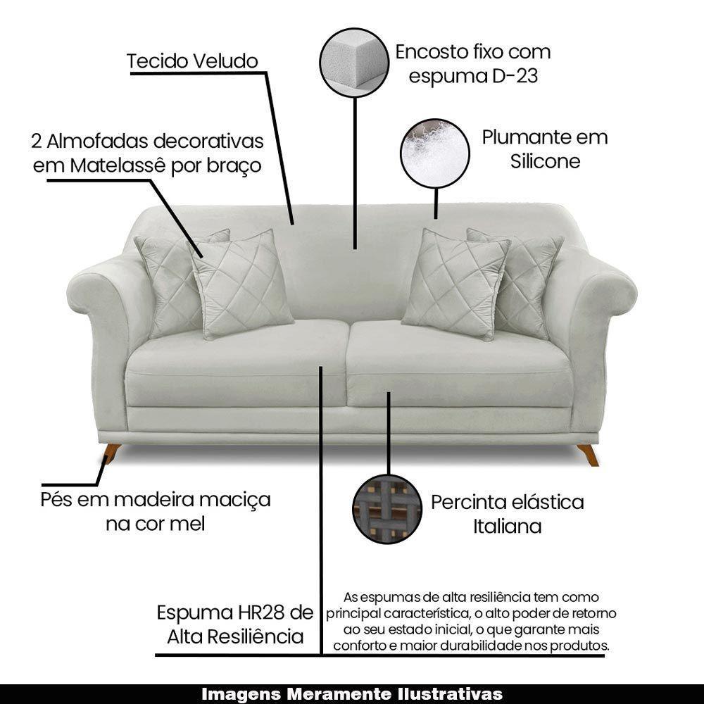 Sofá 180cm 2 Lugares Com 4 Almofadas Veludo Prata - 7