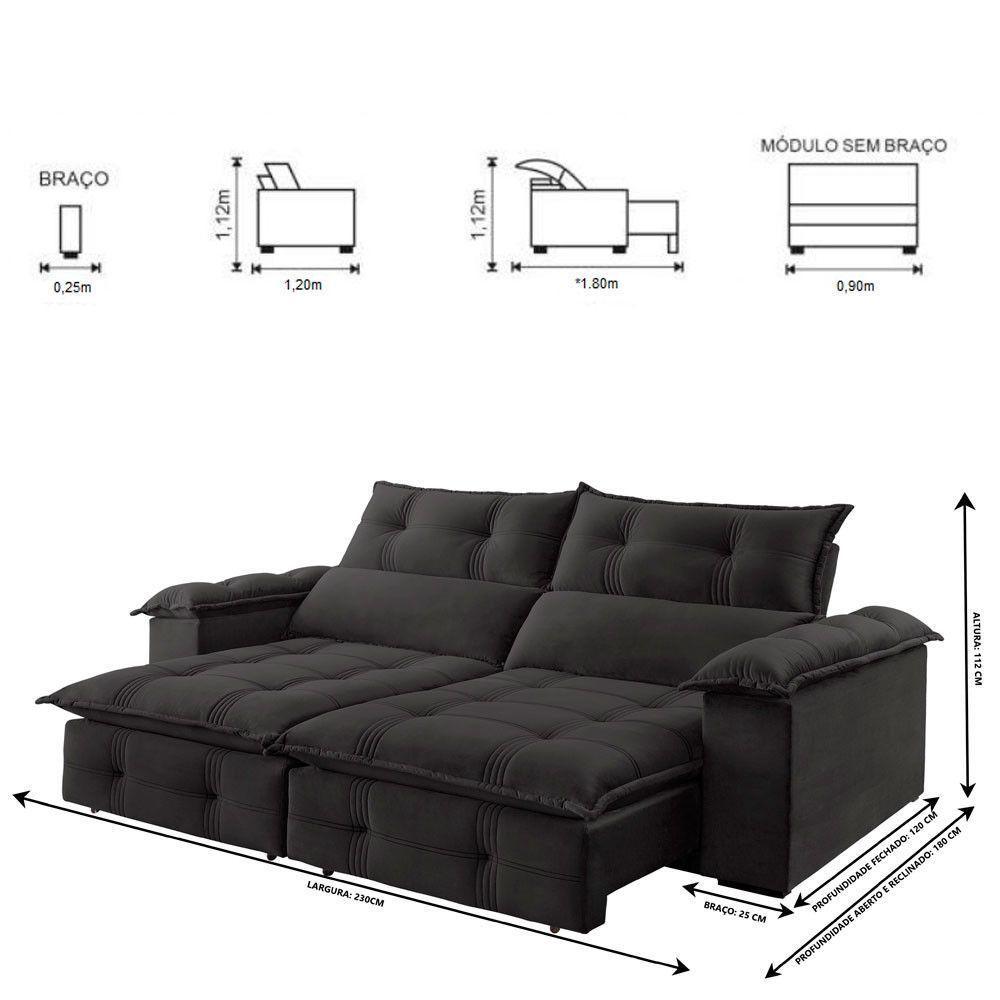 Sofá Retrátil E Reclinável 2,30m 4 Lugares Cinza - 7