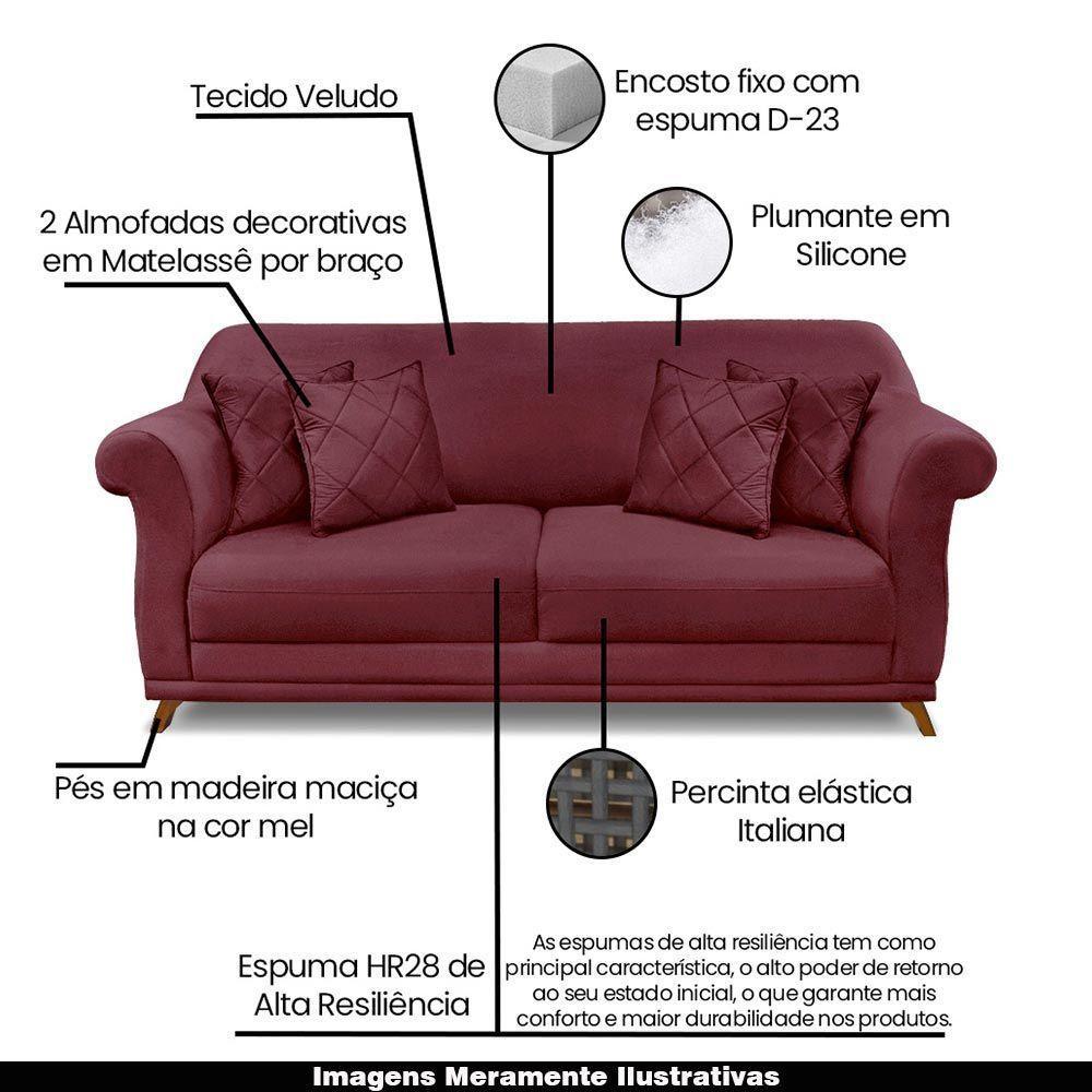 Sofá 180cm 2 Lugares Com 4 Almofadas Veludo Vinho - 6