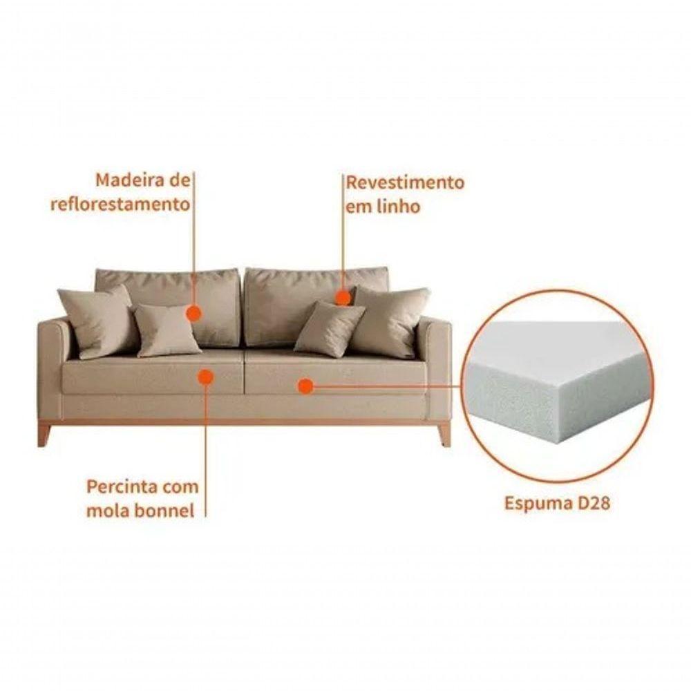 Sofá 3 Lugares Beny Base De Madeira 180 Cm Linho Cru - Fm - 2