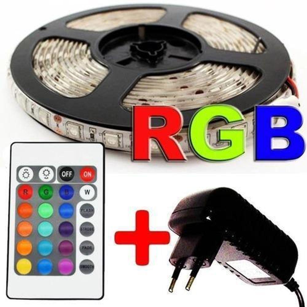 Fita Led Rgb 3528 Rolo 5M Leds Com Fonte Controle Decoração - 5