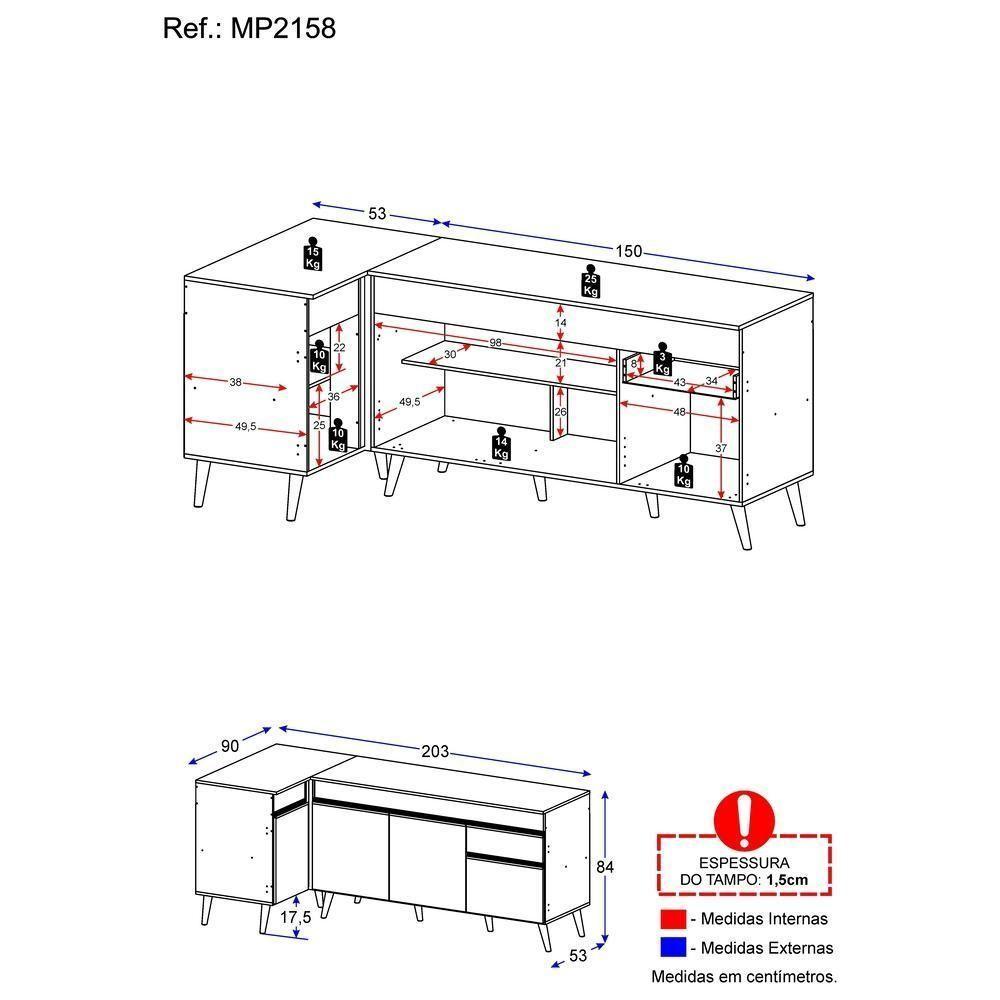 Kit Armário De Cozinha Balcão Canto 90cm E Gabinete Pia 150cm Veneza Multimóveis Mp2158 Branco/dourado Branco/dourado - 2