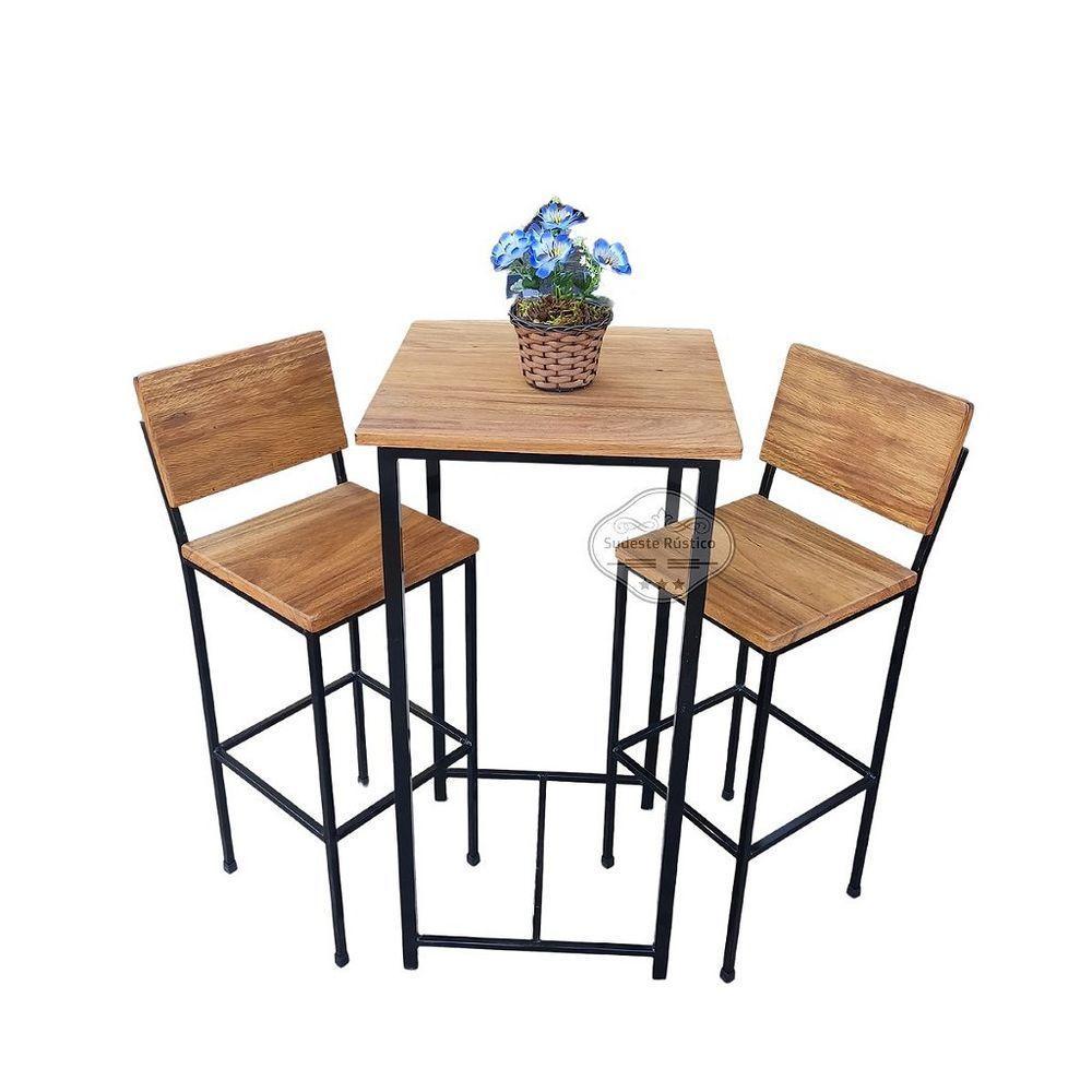 Conjunto Bistrô Com Mesa Quadrada E 2 Banquetas Em Madeira De Demolição E Ferro Sudeste Rústico - 1