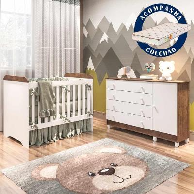 Quarto De Bebê Com Colchão Berço 3 Em 1 Cômoda Branco