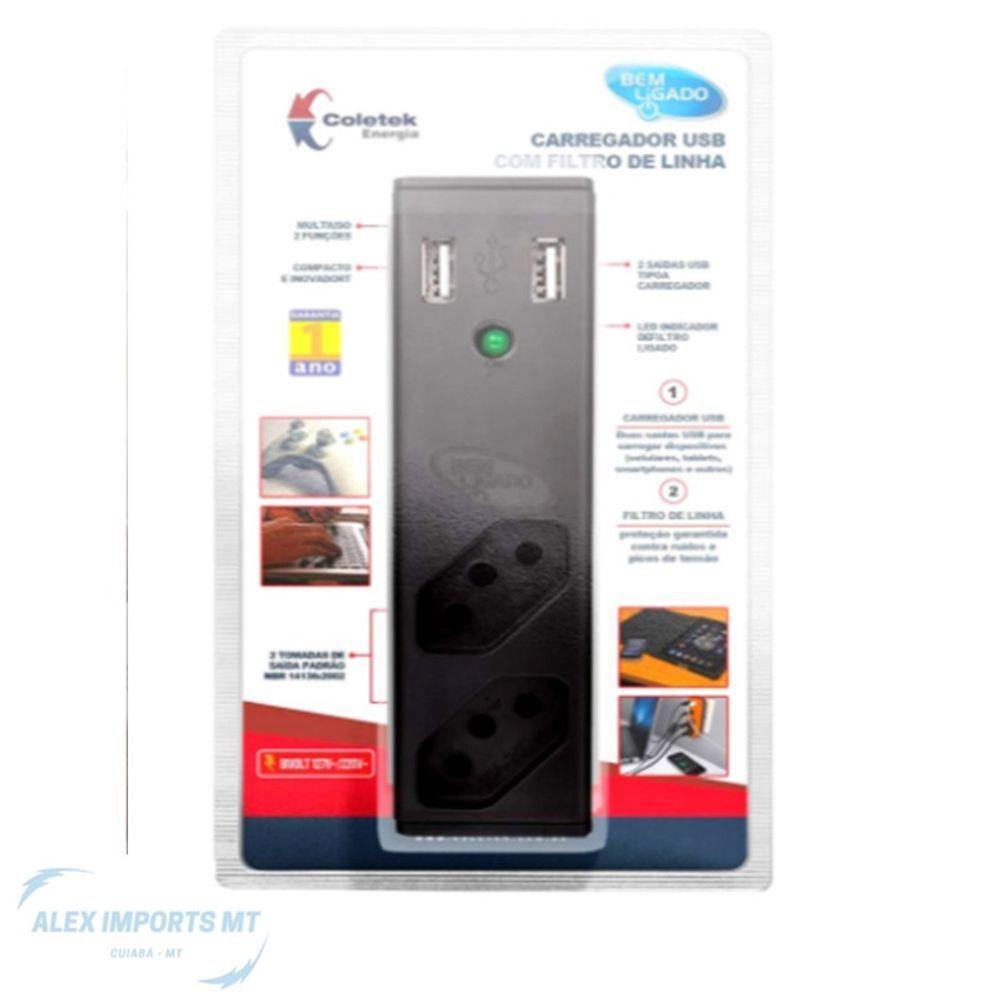 Filtro De Linha Coletek Com 2 Tomadas 10A 2 Saídas Usb - 2