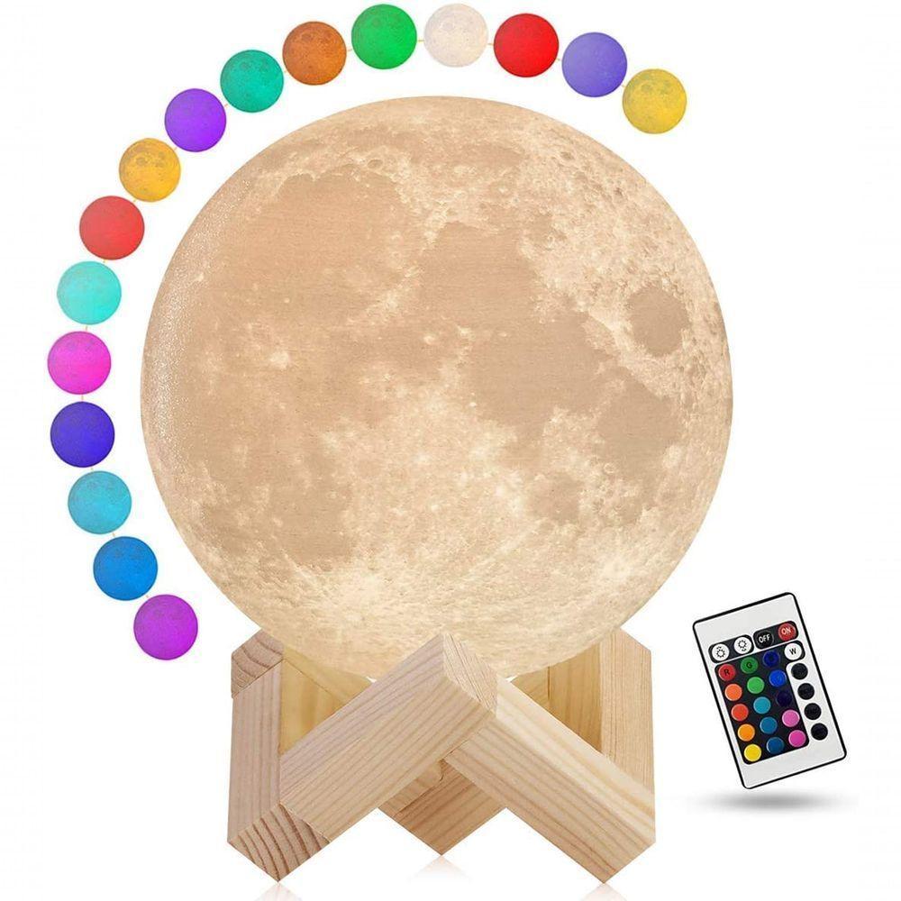 Lua 3D Impressão Moon Light Led 16 Cores Night Lamp Com Suporte De Madeira Tocar Lua C/Controle - 2