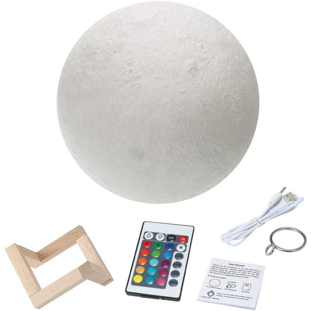 Lua 3D Impressão Moon Light Led 16 Cores Night Lamp Com Suporte De Madeira Tocar Lua C/Controle - 4