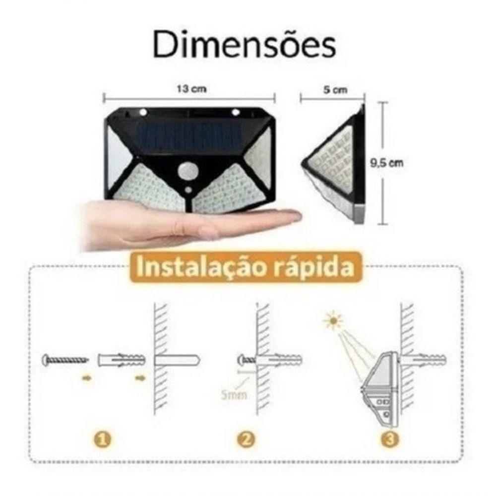 Luminária Solar Parede 100 Led Sensor Presença Com 3 Funções - 4