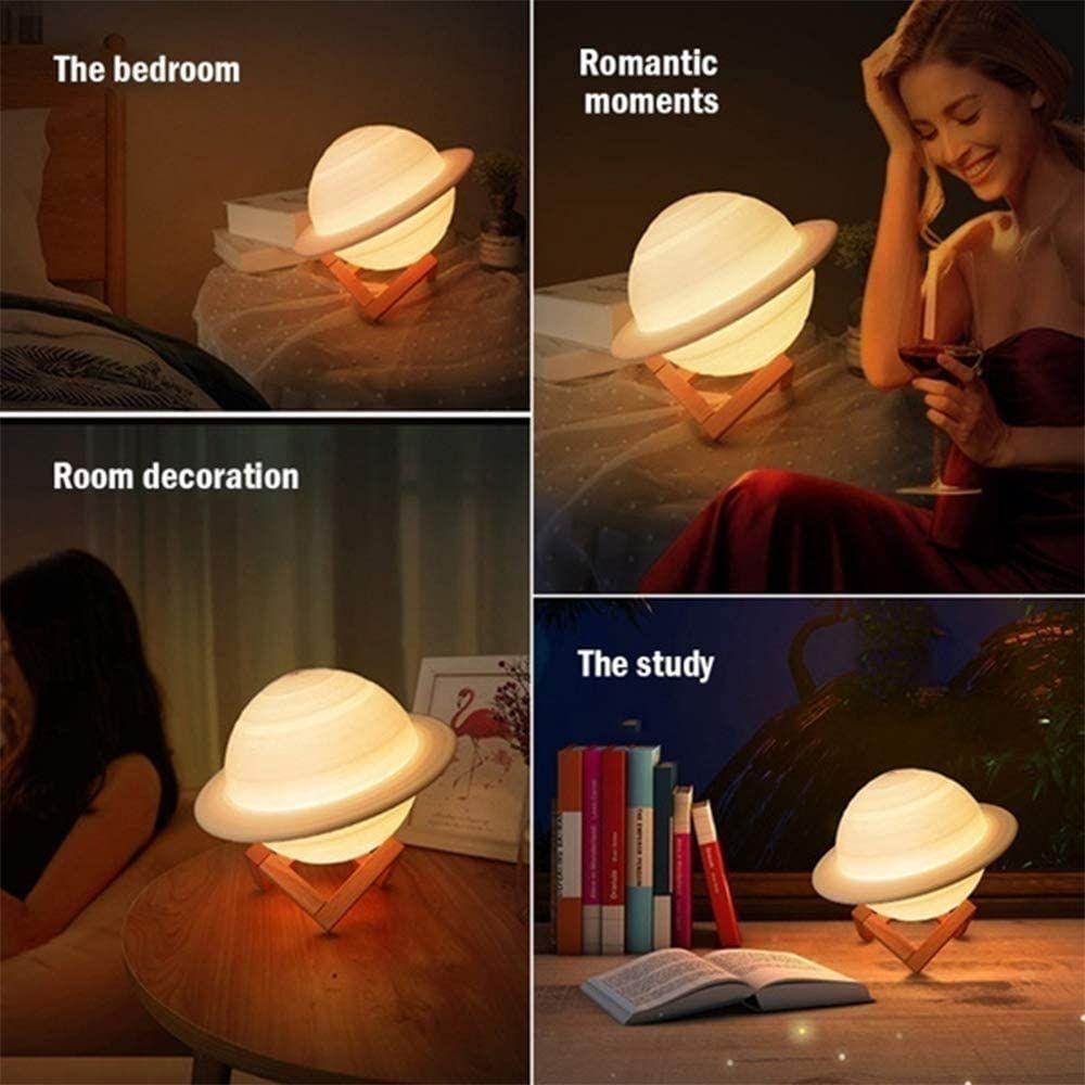 Luminaria Lua Cheia, Luz Noturna De Saturno + Suporte De Madeira, 3d Touch Abajur - 1