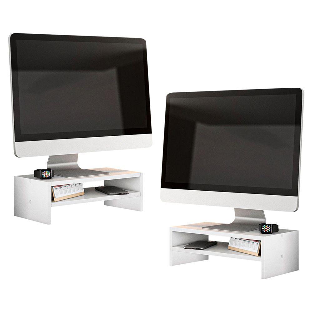 Kit 02 Suportes Stand Base Para Monitor Soft Elevado 45cm Em Mdf Com 01 Prateleira Branco - 2