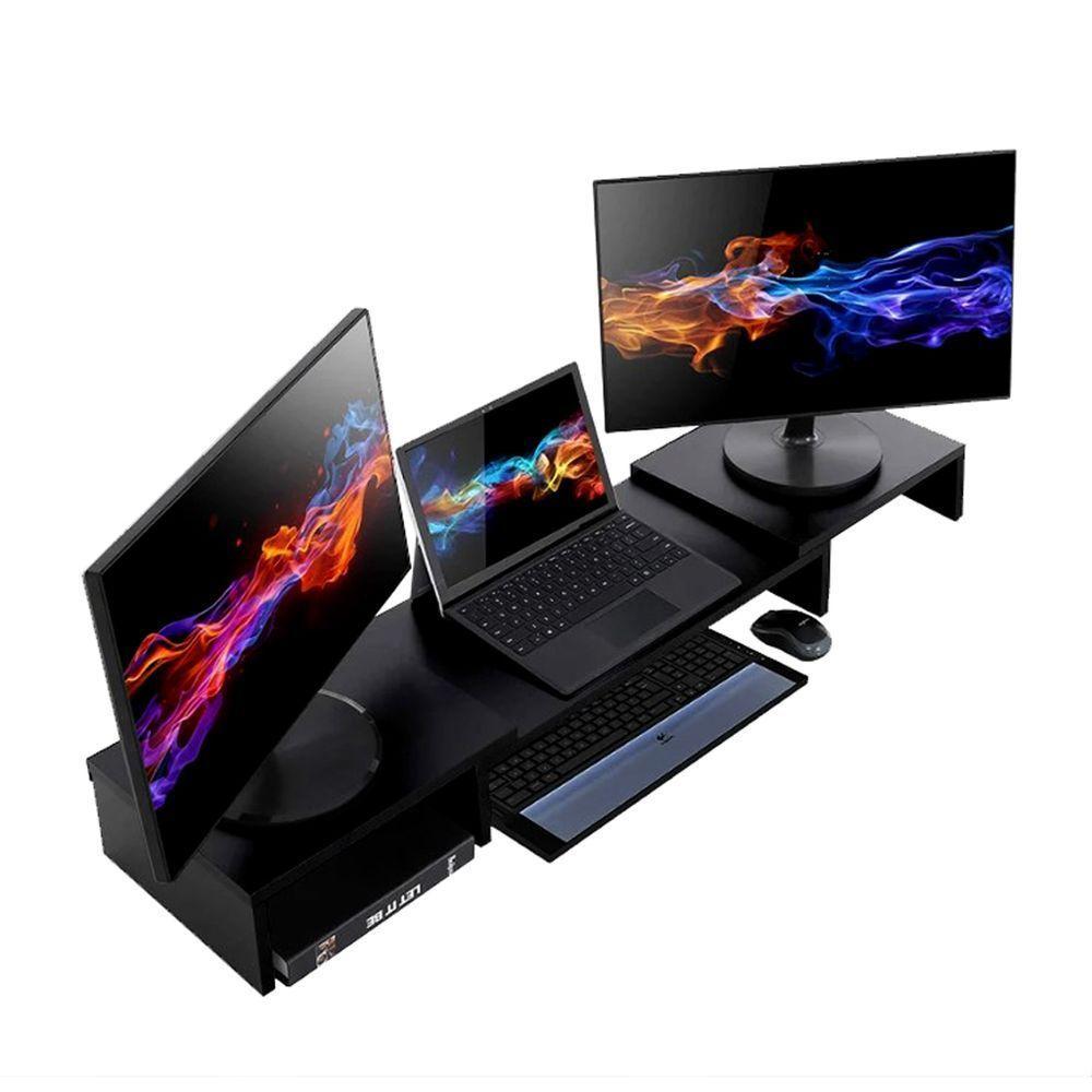 Suporte De Mesa Base Elevada Ajustável 3 Monitores Gamer Notebook Preto - 6