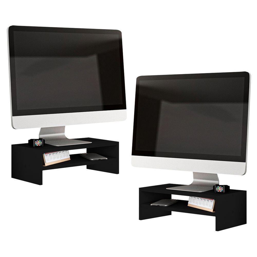 Kit 02 Suportes Stand Base Para Monitor Soft Elevado 45cm Em Mdf Com 01 Prateleira -Preto - 2