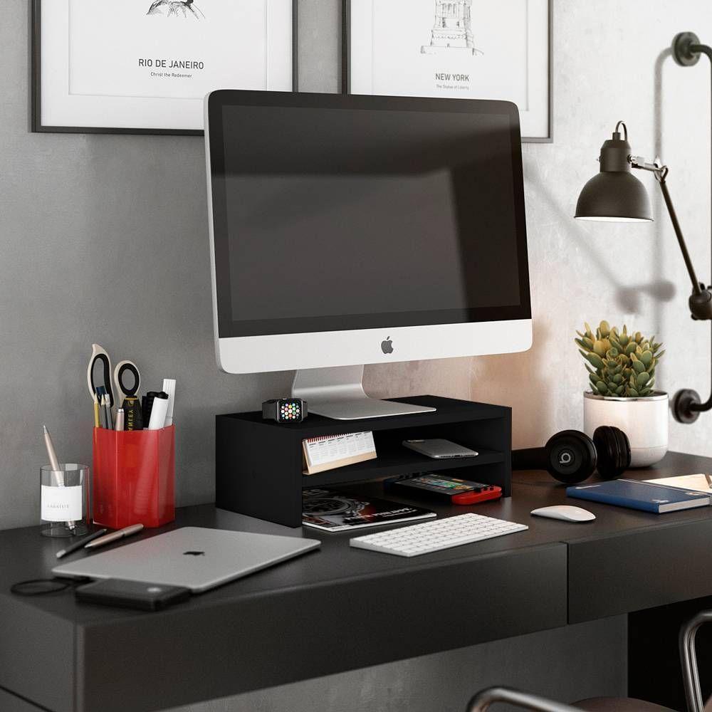 Kit 02 Suportes Stand Base Para Monitor Soft Elevado 45cm Em Mdf Com 01 Prateleira -Preto - 8