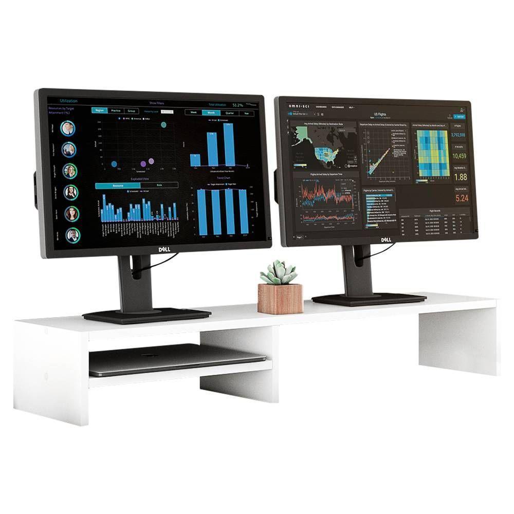 Kit 02 Suportes Stand-pro Base Para Monitor Soft Elevado 95cm Em Mdf Com 01 Prateleira Branco - 6