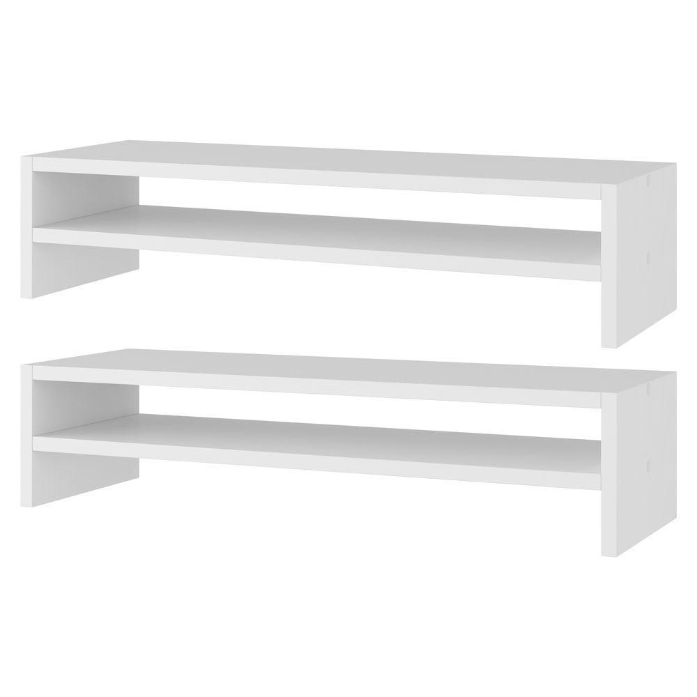 Kit 02 Suportes Stand Base Tela Monitor Soft Elevado 65cm Em Mdf Com 01 Prateleira Branco - 1