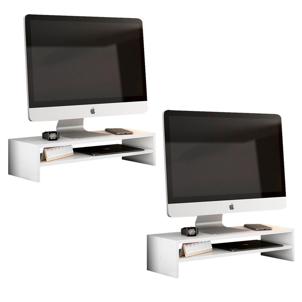 Kit 02 Suportes Stand Base Tela Monitor Soft Elevado 65cm Em Mdf Com 01 Prateleira Branco - 10