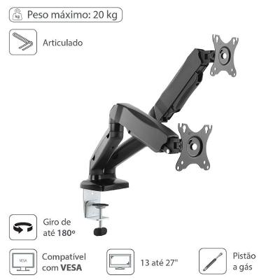 Suporte A Gás Para 2 Monitores 13"" A 27"" Vesa 100X100 Sm-3