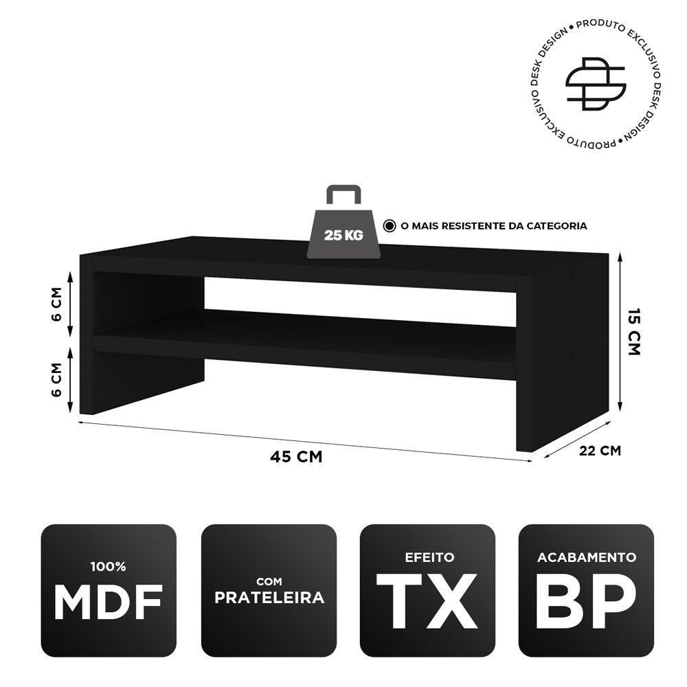 Kit 04 Suportes Stand Base Para Monitor Soft Elevado 45cm Em Mdf Com 01 Prateleira Preto - 5