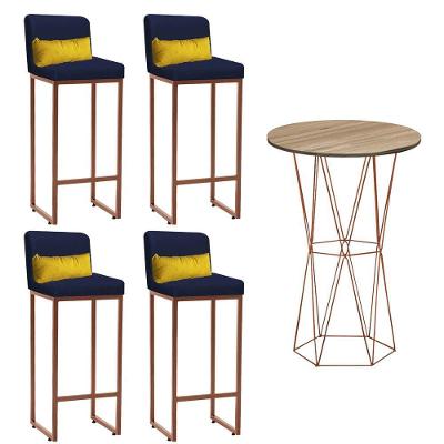 Kit Mesa Bistrô E 4 Banqueta Tampo Carvalho Ferro Bronze Corino Azul Marinho E Almofada Amarelo