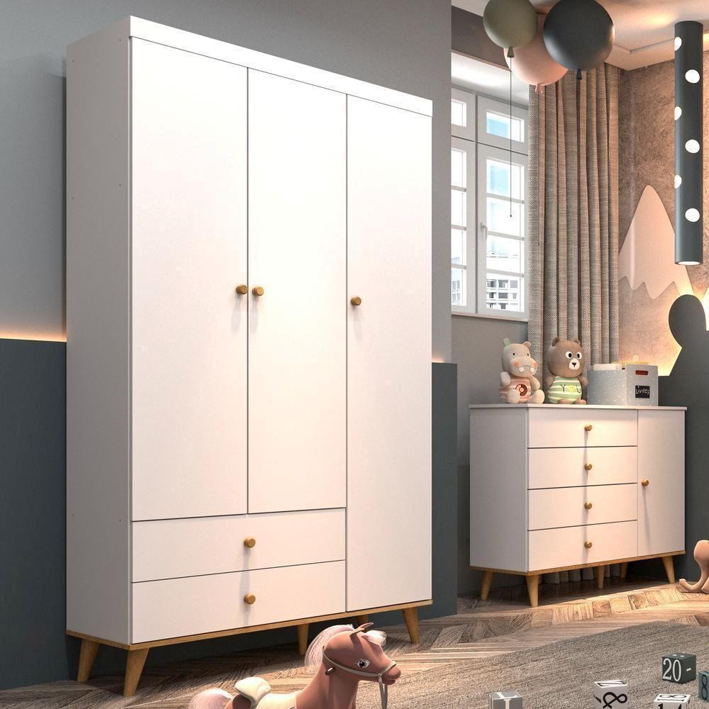 Quarto De Bebê Guarda Roupa Com Gavetas Cômoda Branco Fosco - 1