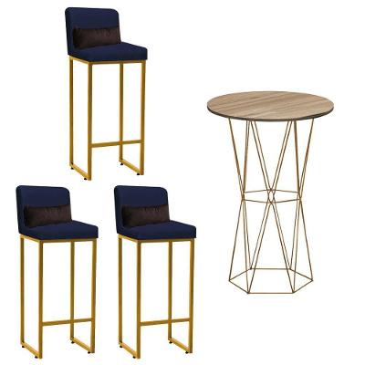 Kit Mesa Bistrô E 3 Banqueta Tampo Rústico Ferro Dourado Azul Marinho E Almofada Marrom