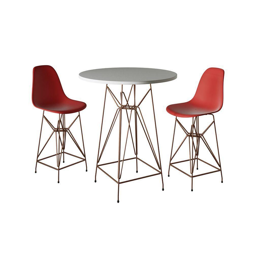 Jogo Mesa Bistrô Eames Branca 60Cm 2 Banquetas Vermelha Base Ferro Cobre - Cor: Branco - 1