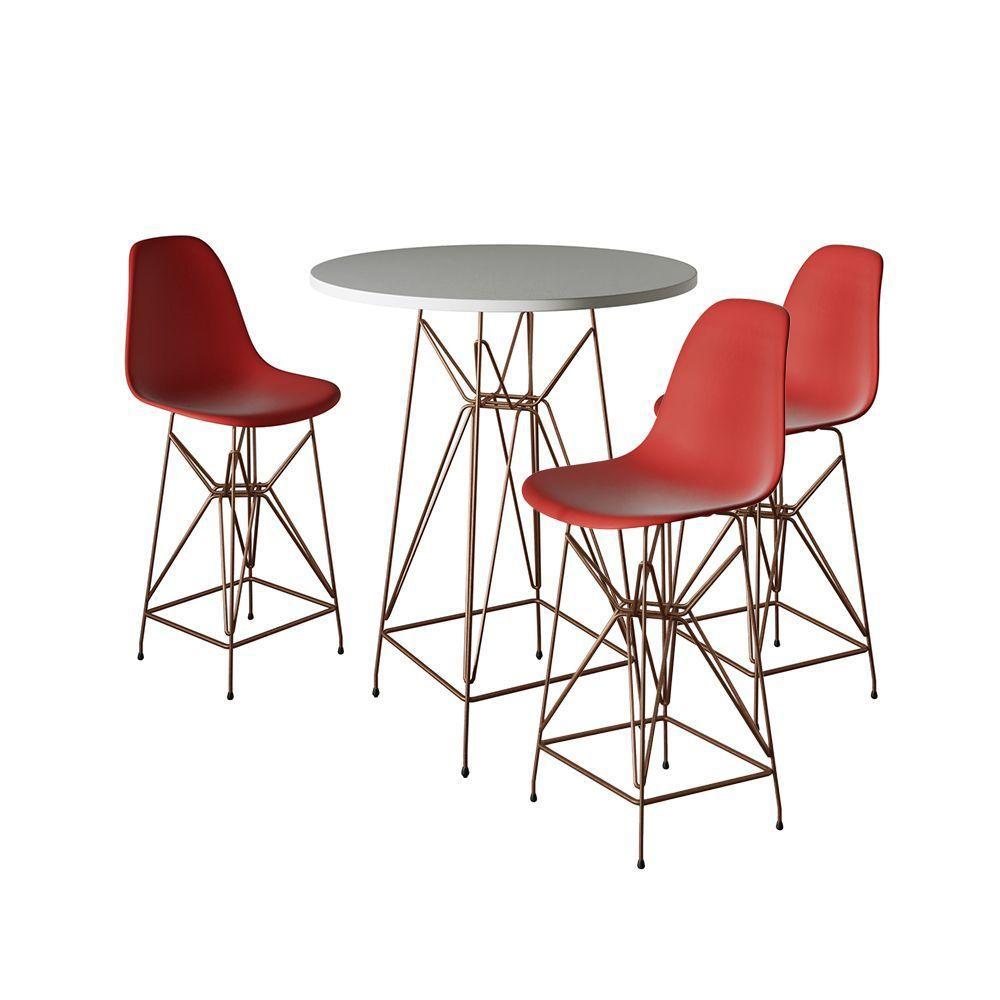 Jogo Mesa Bistrô Eames Branca 60Cm 3 Banquetas Vermelha Base Ferro Cobre - Cor: Branco - 1
