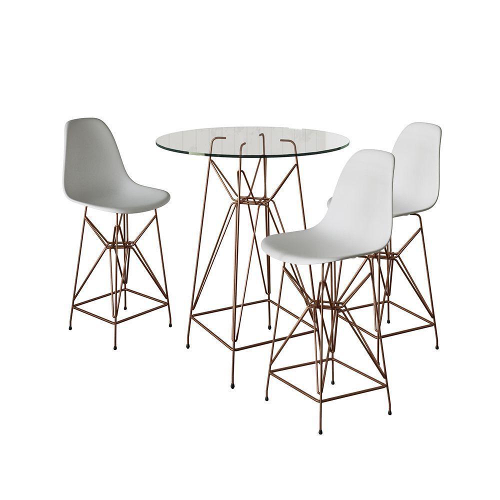 Jogo Mesa Bistrô Eames Vidro 60Cm 3 Banquetas Branca Base Ferro Cobre - Cor: Branco - 1