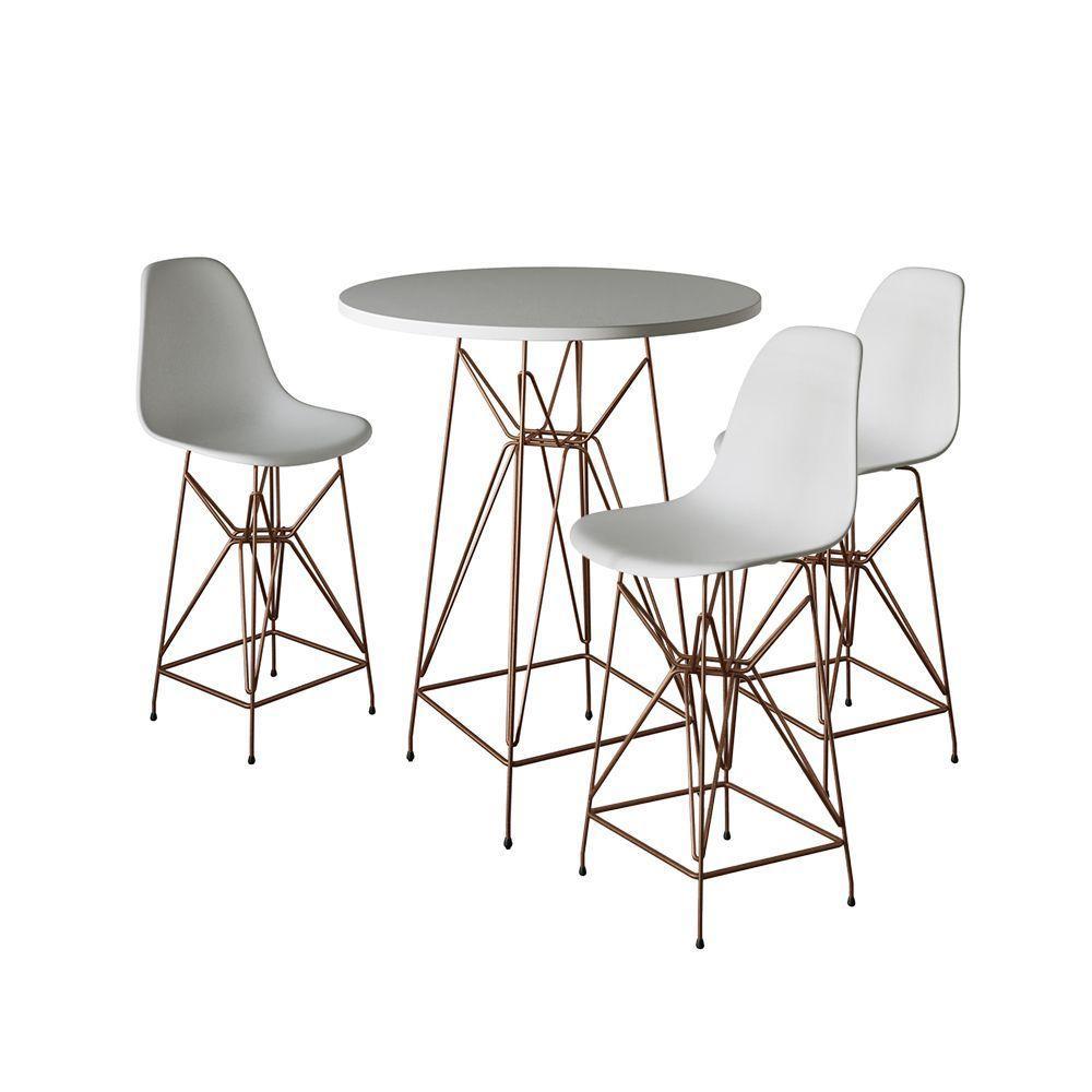 Jogo Mesa Bistrô Eames Branca 60Cm 3 Banquetas Branca Base Ferro Cobre - Cor: Branco - 1