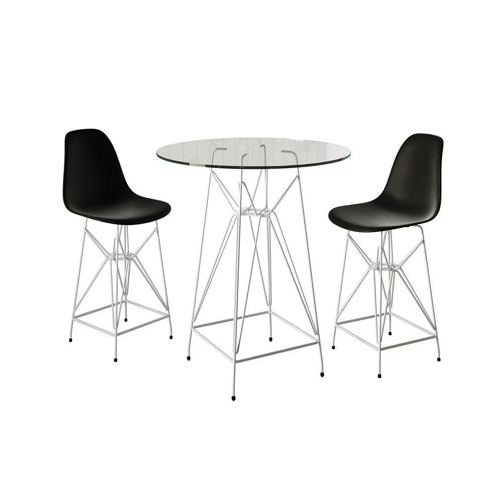 Jogo Mesa Bistrô Eames Vidro 60Cm 2 Banquetas Preta Base Ferro Branco - Cor: Branco - 1