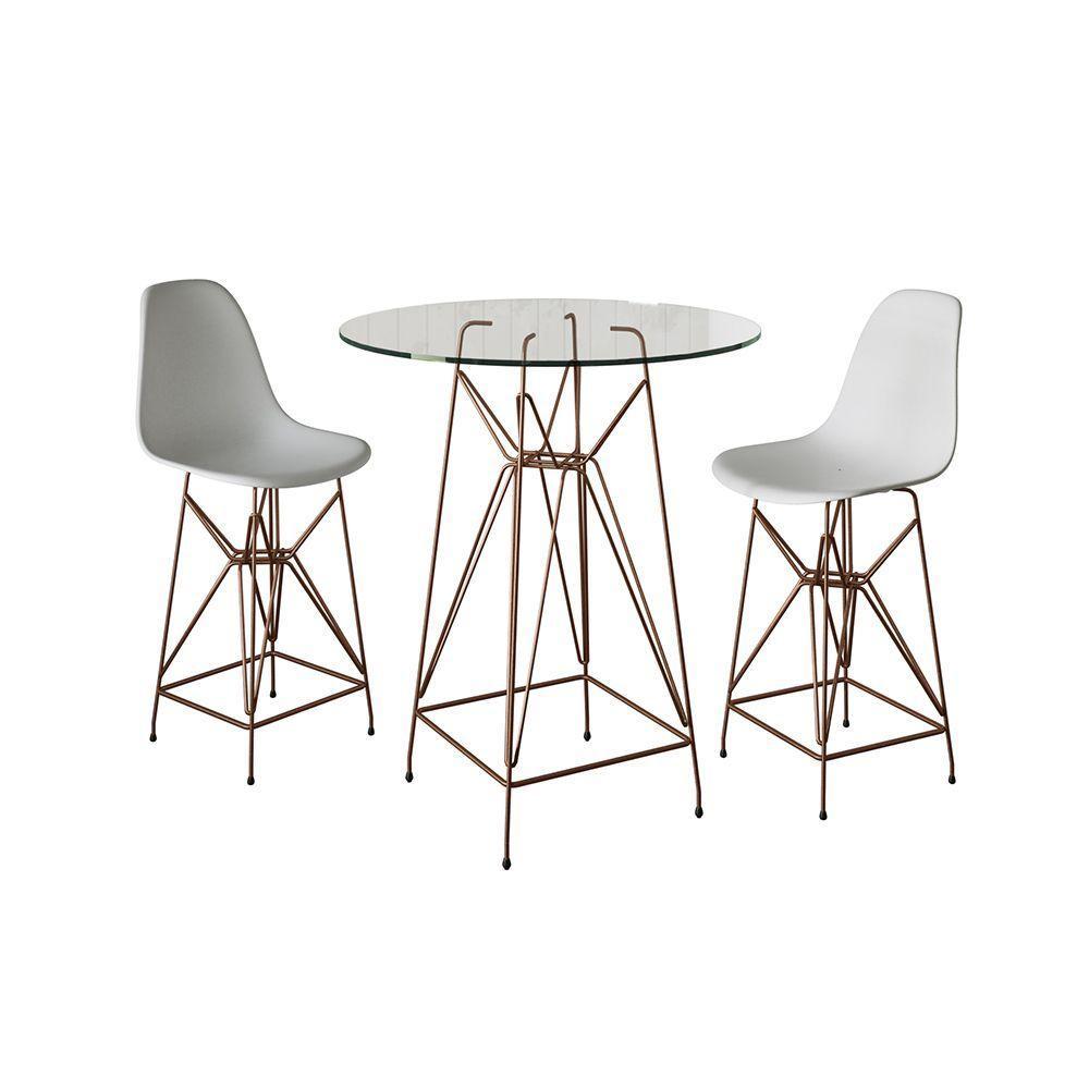 Jogo Mesa Bistrô Eames Vidro 60Cm 2 Banquetas Branca Base Ferro Cobre - Cor: Branco - 1