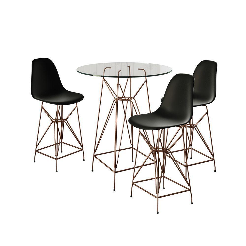 Jogo Mesa Bistrô Eames Vidro 60Cm 3 Banquetas Preta Base Ferro Cobre - Cor: Branco - 1