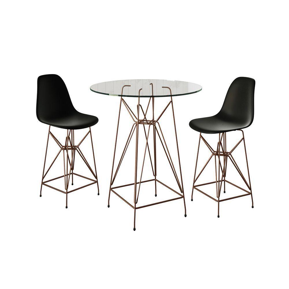 Jogo Mesa Bistrô Eames Vidro 60Cm 2 Banquetas Preta Base Ferro Cobre - Cor: Branco - 1