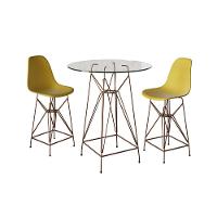 Jogo Mesa Bistrô Eames Vidro 60Cm 2 Banquetas Amarela Base Ferro Cobre - Cor: Branco - 1
