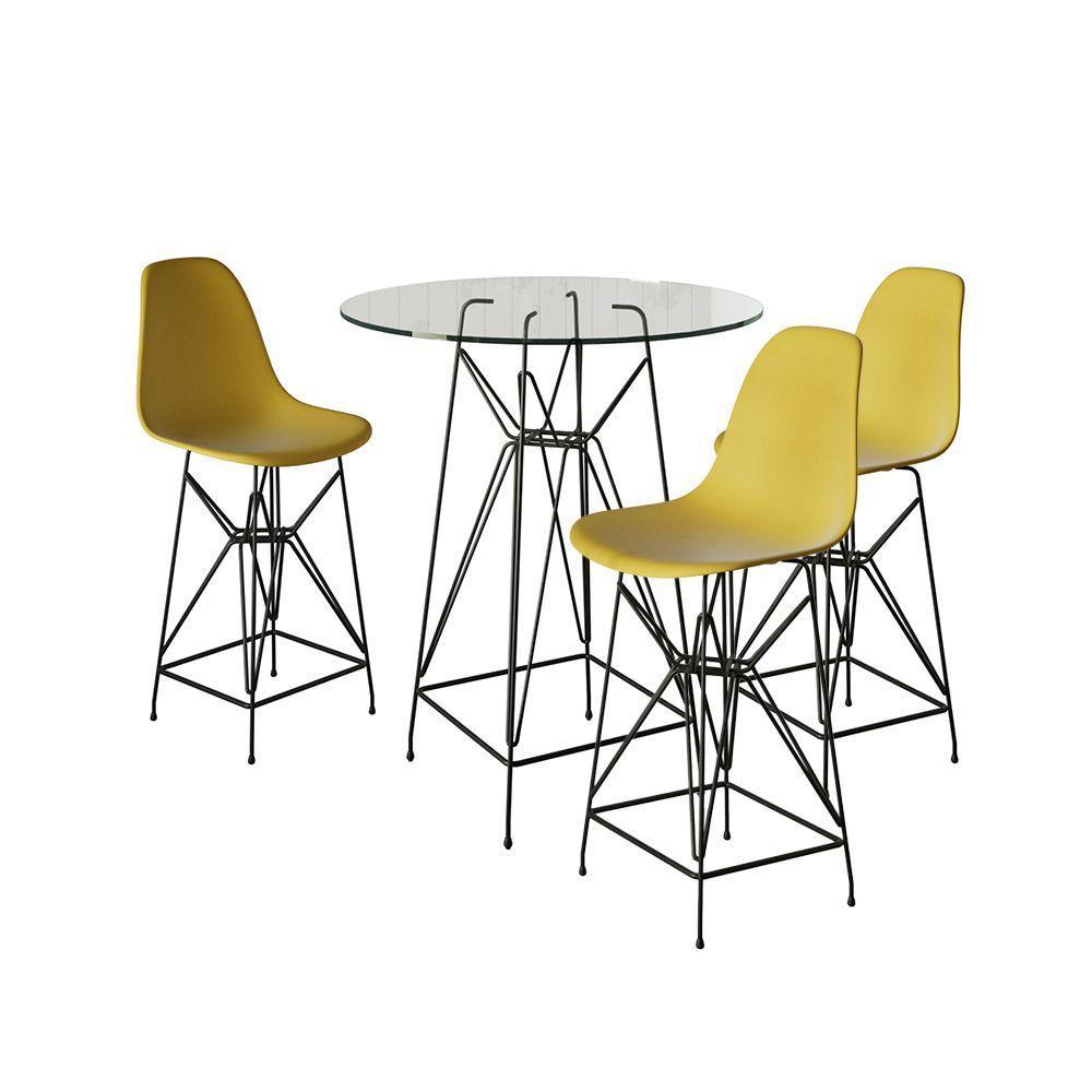 Jogo Mesa Bistrô Eames Vidro 60Cm 3 Banquetas Amarela Base Ferro Preto - Cor: Branco - 1
