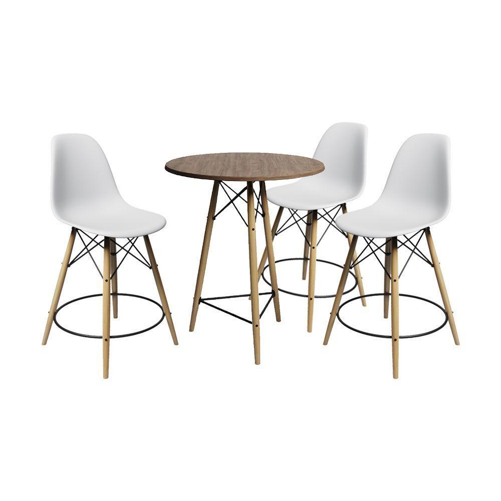 Conjunto Mesa Bistrô Eames Eiffel Amêndoa Com 3 Banquetas Brancas De Madeira - Cor: Marrom - 1