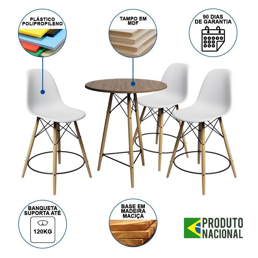 Conjunto Mesa Bistrô Eames Eiffel Amêndoa Com 3 Banquetas Brancas De Madeira - Cor: Marrom - 6