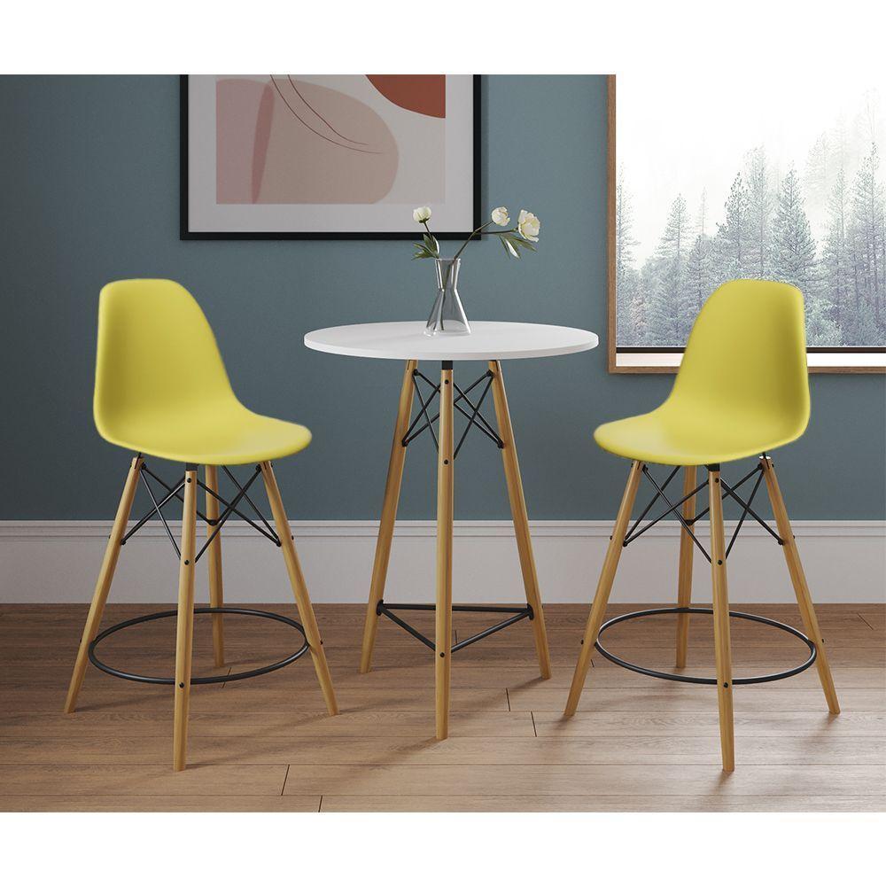 Mesa Bistrô Eames Eiffel Branca Com 2 Banquetas Amarelas De Madeira - Cor: Branco - 1
