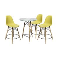 Conjunto Mesa Bistrô Eames Eiffel Vidro Com 3 Banquetas Amarelas De Madeira - Cor: Amarelo - 1