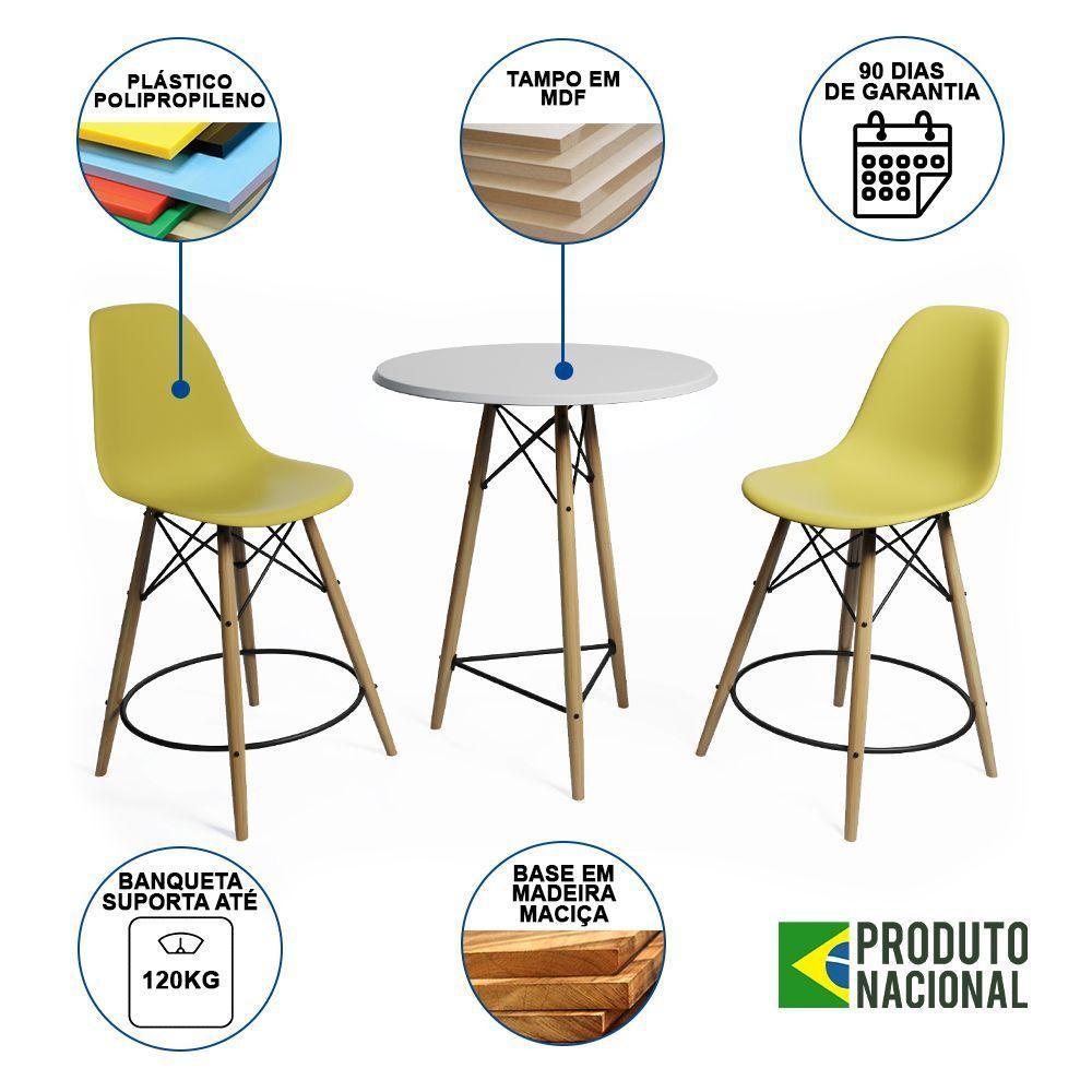 Conjunto Bistrô Eames Eiffel Mesa Branca Com 2 Banquetas Amarelas De Madeira - Cor: Branco - 6