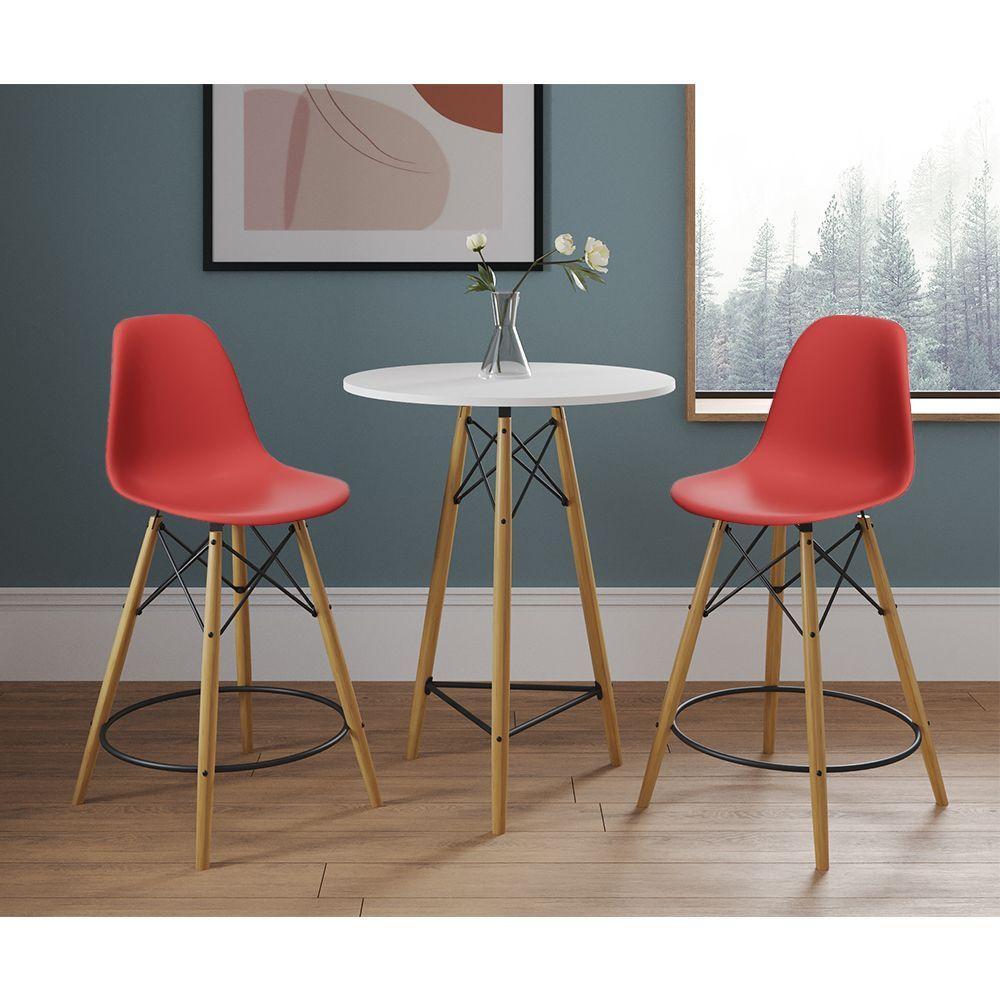 Conjunto Bistrô Eames Eiffel Mesa Branca Com 2 Banquetas Vermelhas De Madeira - Cor: Branco - 1