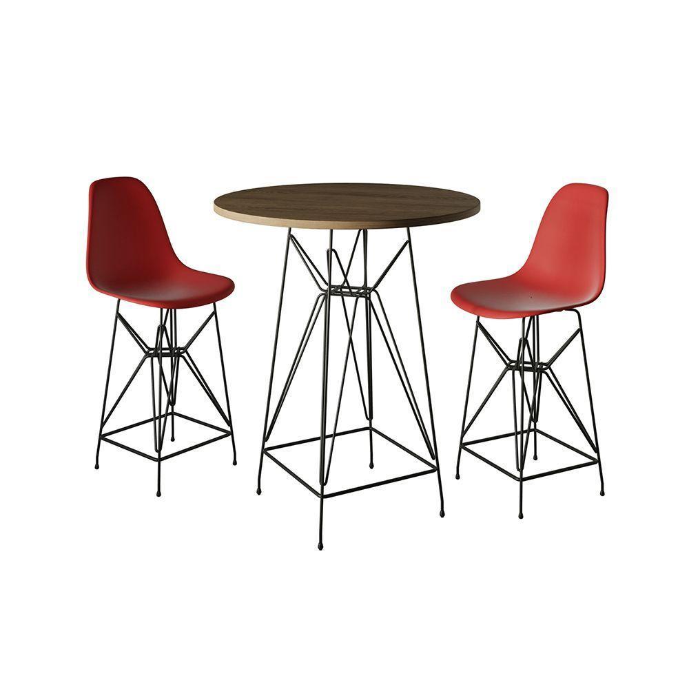 Jogo Mesa Bistrô Eames Tampo Amêndoa 60Cm 2 Banquetas Vermelha Base Ferro Preto - Cor: Amendoa - 1