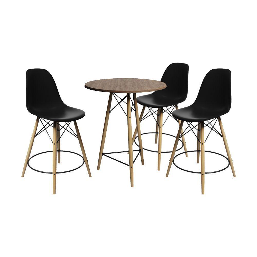 Conjunto Mesa Bistrô Eames Eiffel Amêndoa Com 3 Banquetas Pretas De Madeira - Cor: Marrom - 1