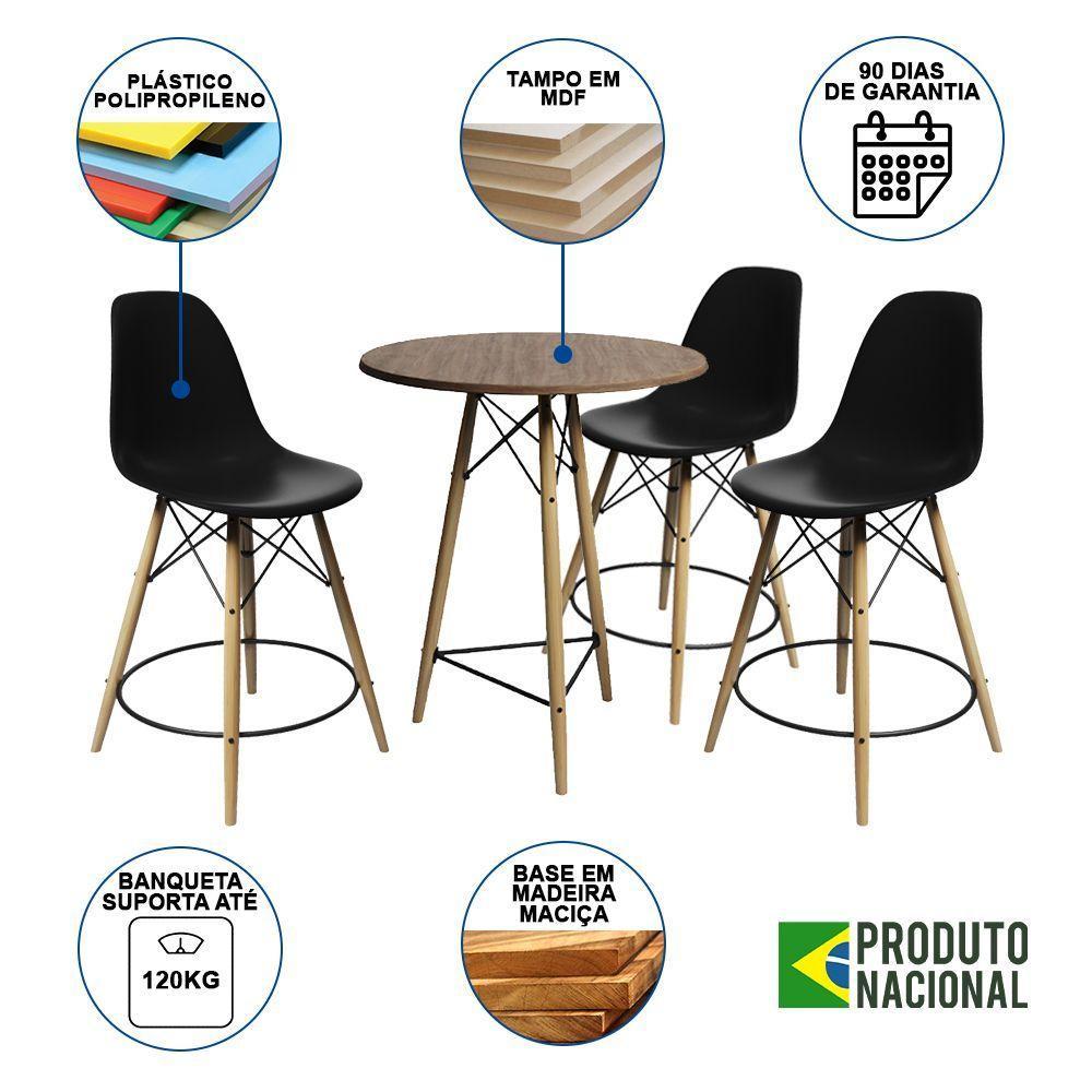 Conjunto Mesa Bistrô Eames Eiffel Amêndoa Com 3 Banquetas Pretas De Madeira - Cor: Marrom - 6