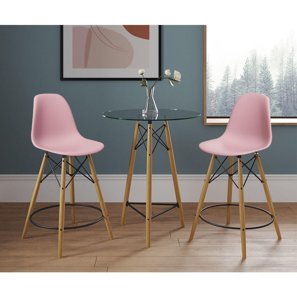 Mesa Bistrô Eames Eiffel Vidro Com 2 Banquetas Rosas De Madeira - Cor: Rosa - 1